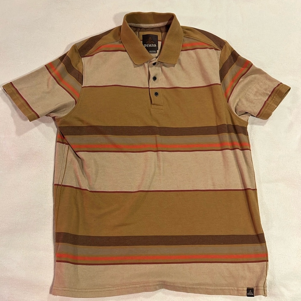 Prana Great Condition Stripe Polo - Tan/Brown/orange
Polo! Size Large